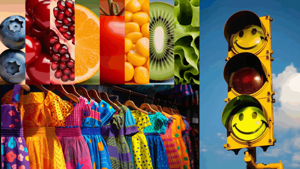 traffic light with happy faces, colorful fruit and vegetables, bright dresses 