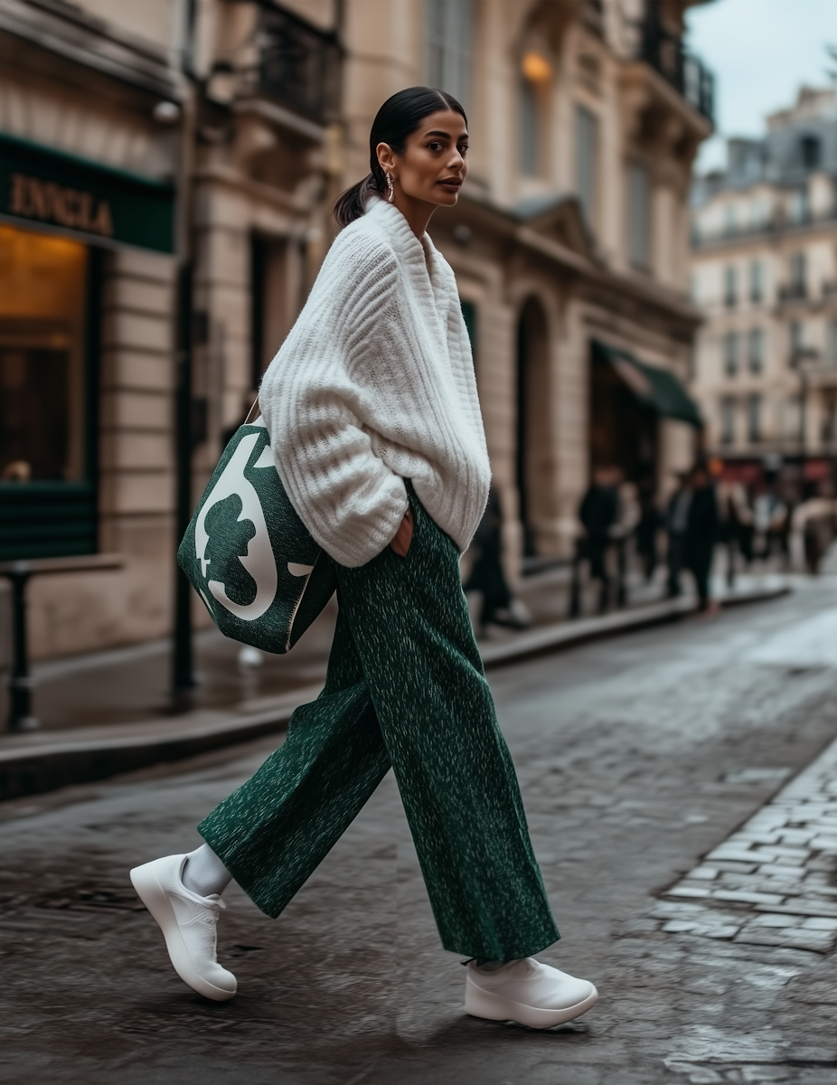 Woman in cozy chic fall outfit with oversized white sweater, green trousers, and white sneakers walking confidently in a city street.