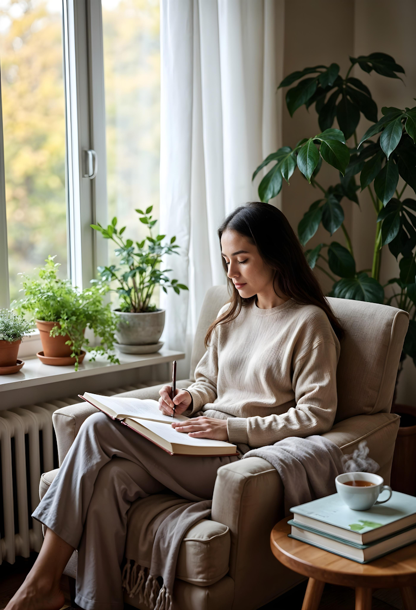 woman journaling while sitting by window