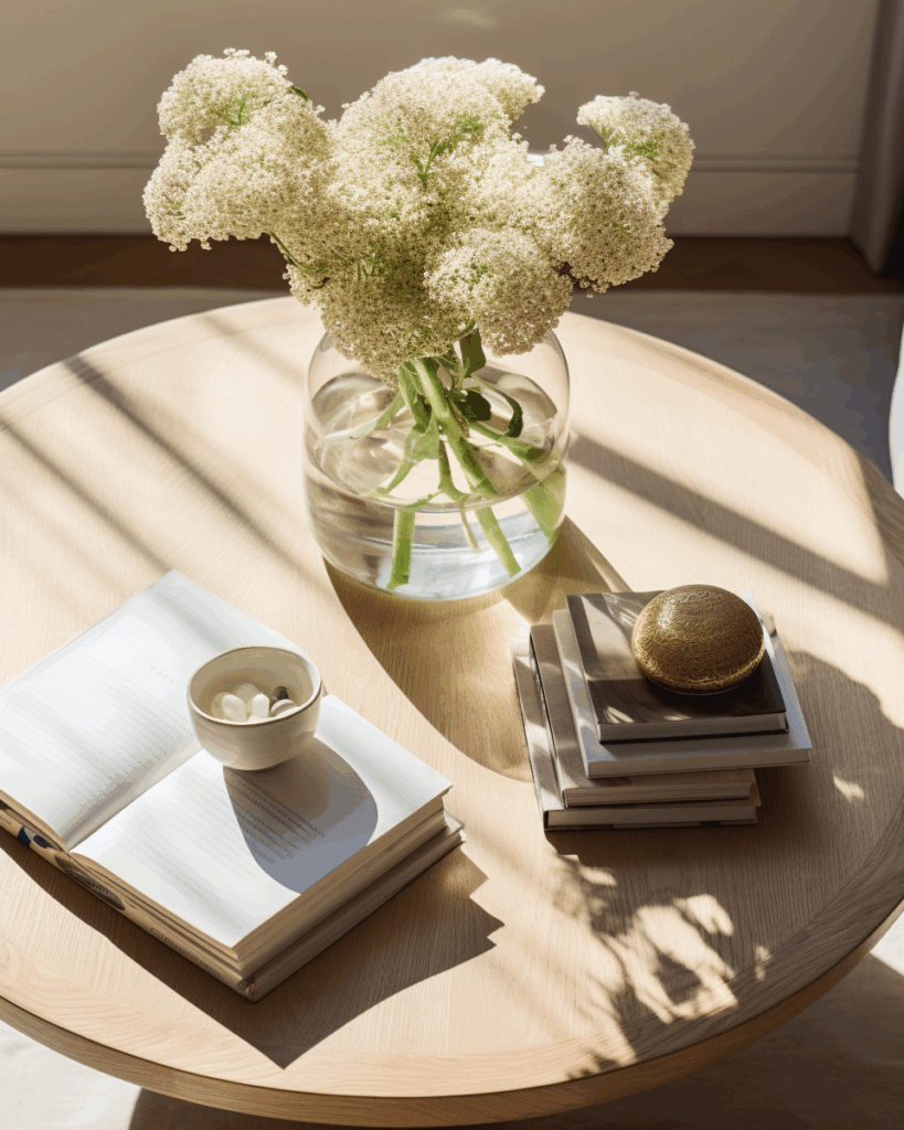 Morning set up flowers, journal, vitamins