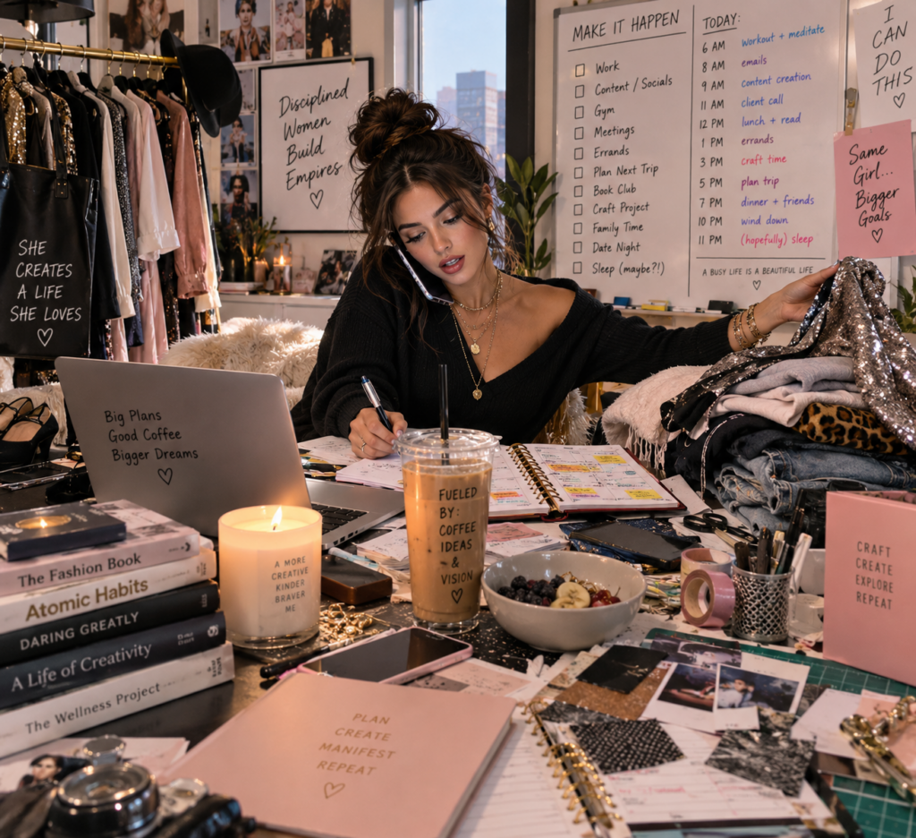 Woman writing in a planner while balancing a phone on her shoulder, surrounded by a laptop, clothes, craft supplies, and a packed schedule.