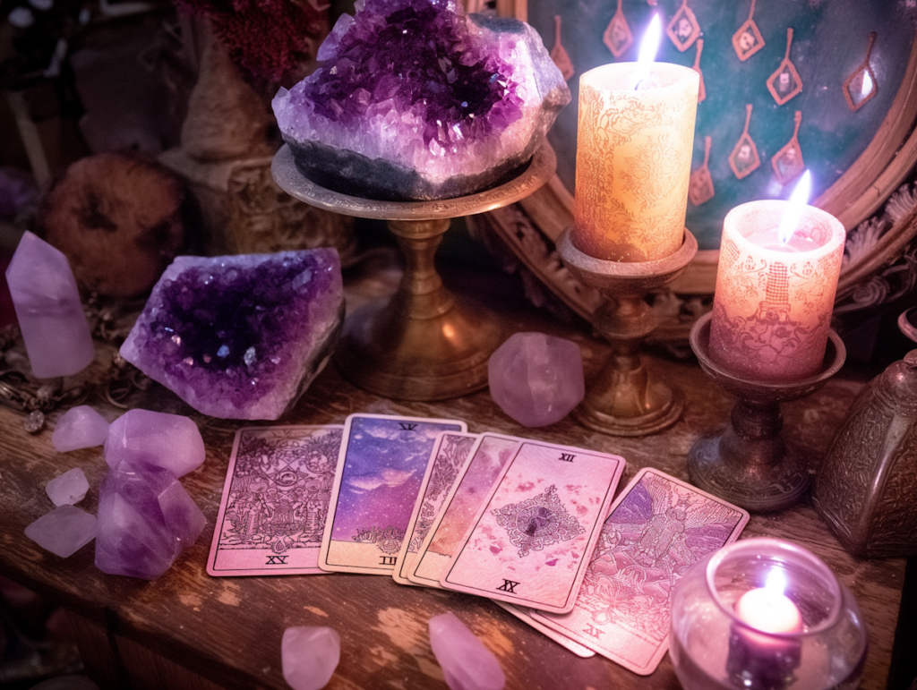 Tarot cards spread across a wooden table beside purple crystals and glowing candles in pink and violet light.