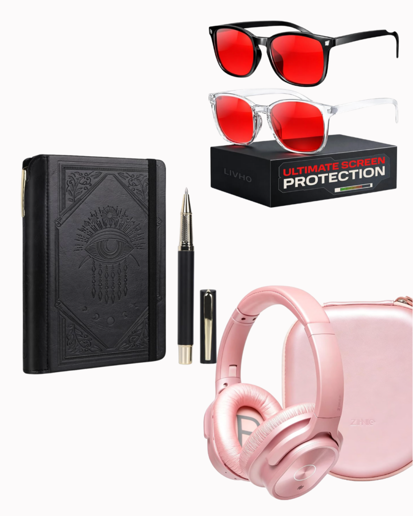 Red light blocker glasses, journal, and noise cancelation headphones that will help me relax before bed