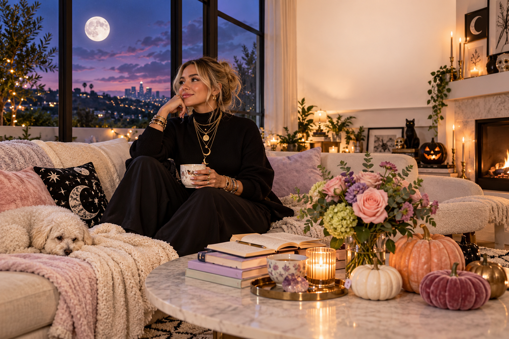 October 26 astrology forecast illustration of a woman relaxing beside a journal and tea, with a full moon outside.
