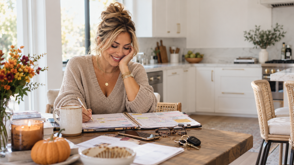 Woman reviewing a crowded fall calendar and deciding to protect her time before burnout
